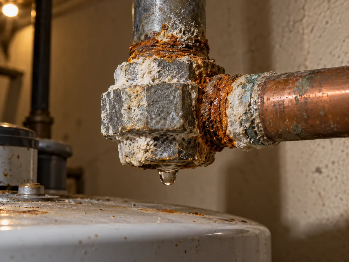 Corroded union where steel meets copper above a water heater in an older El Paso, TX house
