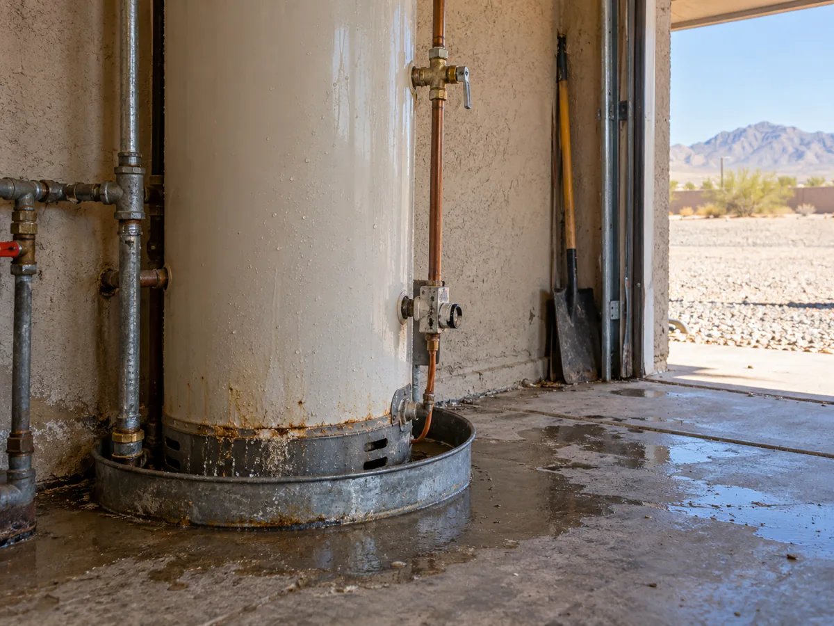 Gas water heater in a drain pan in an El Paso, TX garage with the desert yard outside