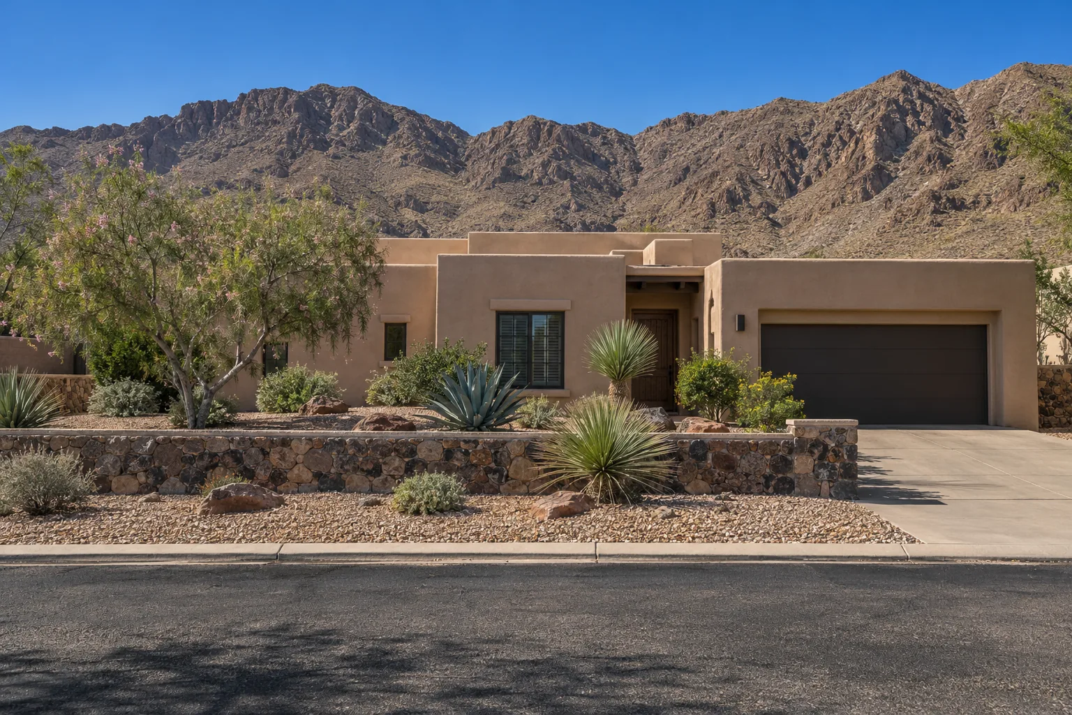 Stucco home with a rock yard below the Franklin Mountains in El Paso, TX