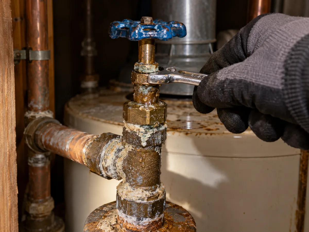 Damp shut-off valve stem and crusted top fittings on a water heater in a Fort Worth, TX garage