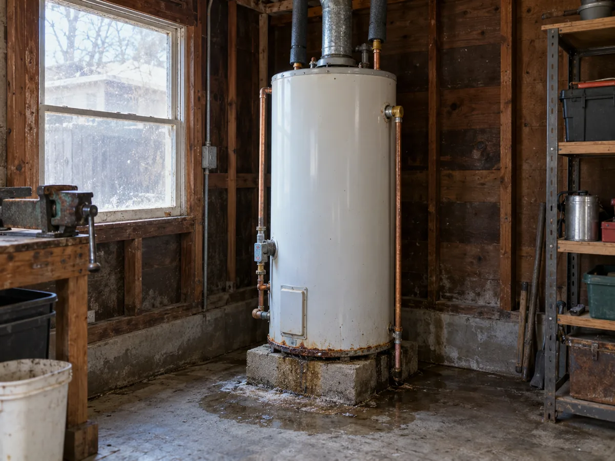 Water heater with insulated pipes in a detached garage behind a Fort Worth, TX bungalow in winter