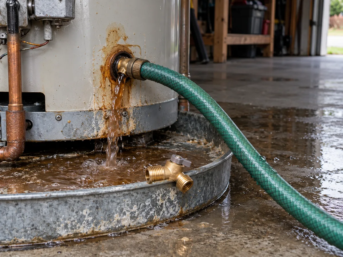 Drain valve flushing scale through a hose before a new valve is fitted, wet pan below, Fort Worth, TX