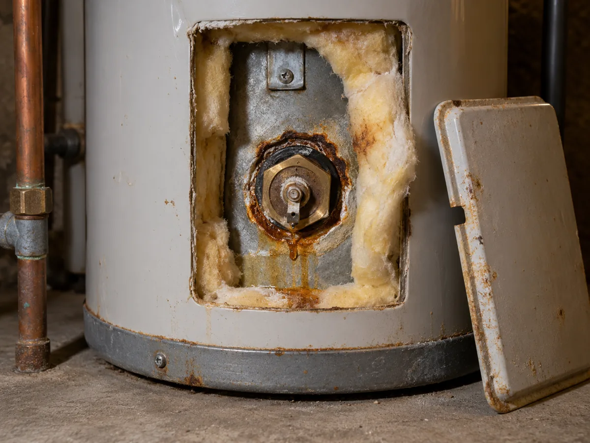 Electric water heater with its element cover off and water around a failed element gasket, Fort Worth, TX