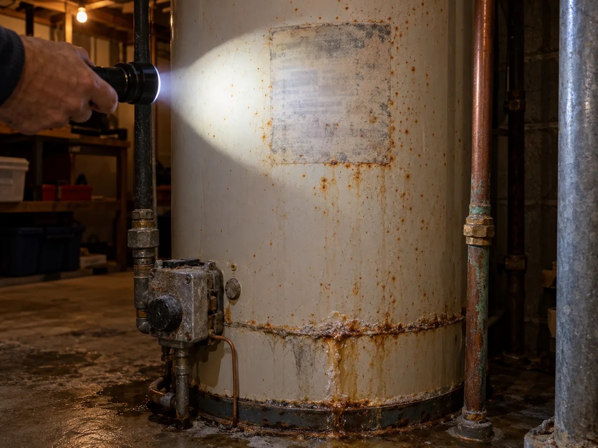 Flashlight on the label of an aging water heater tank to check its age near the end of its life, Fort Worth, TX