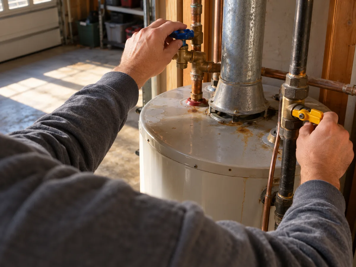 Owner shutting the valves to swap their own heater in the homestead garage, Fort Worth, TX