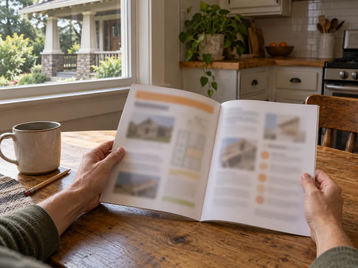 Homeowner reading the city residential permit guide on water heater repairs at a kitchen table, Fort Worth, TX