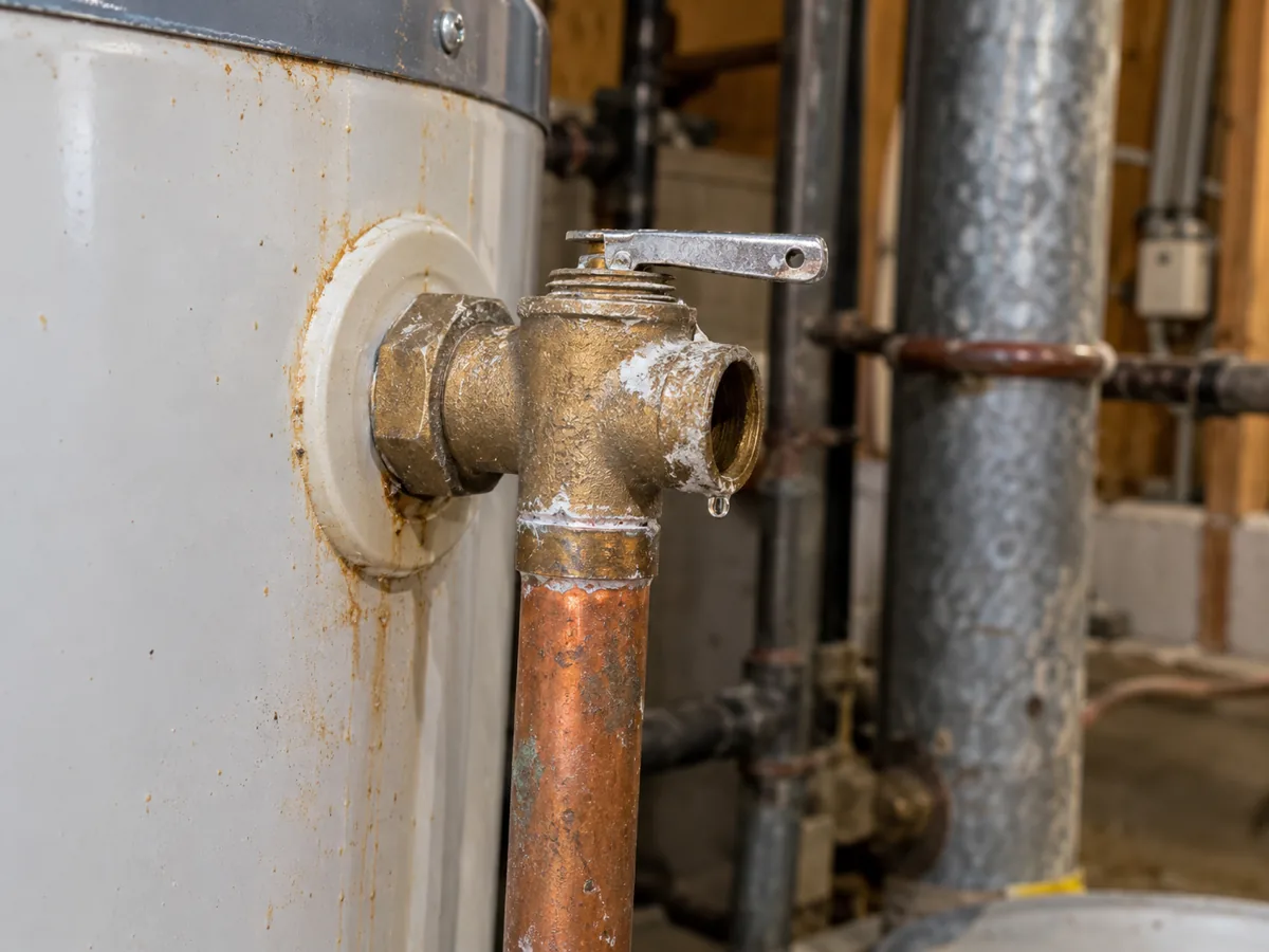 Mineral film on a T&P relief valve with a drip at the outlet on a water heater in Fort Worth, TX