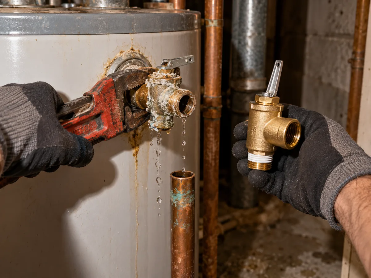 Plumber replacing a dripping relief valve on the side of a water heater once pressure reads normal, Fort Worth, TX