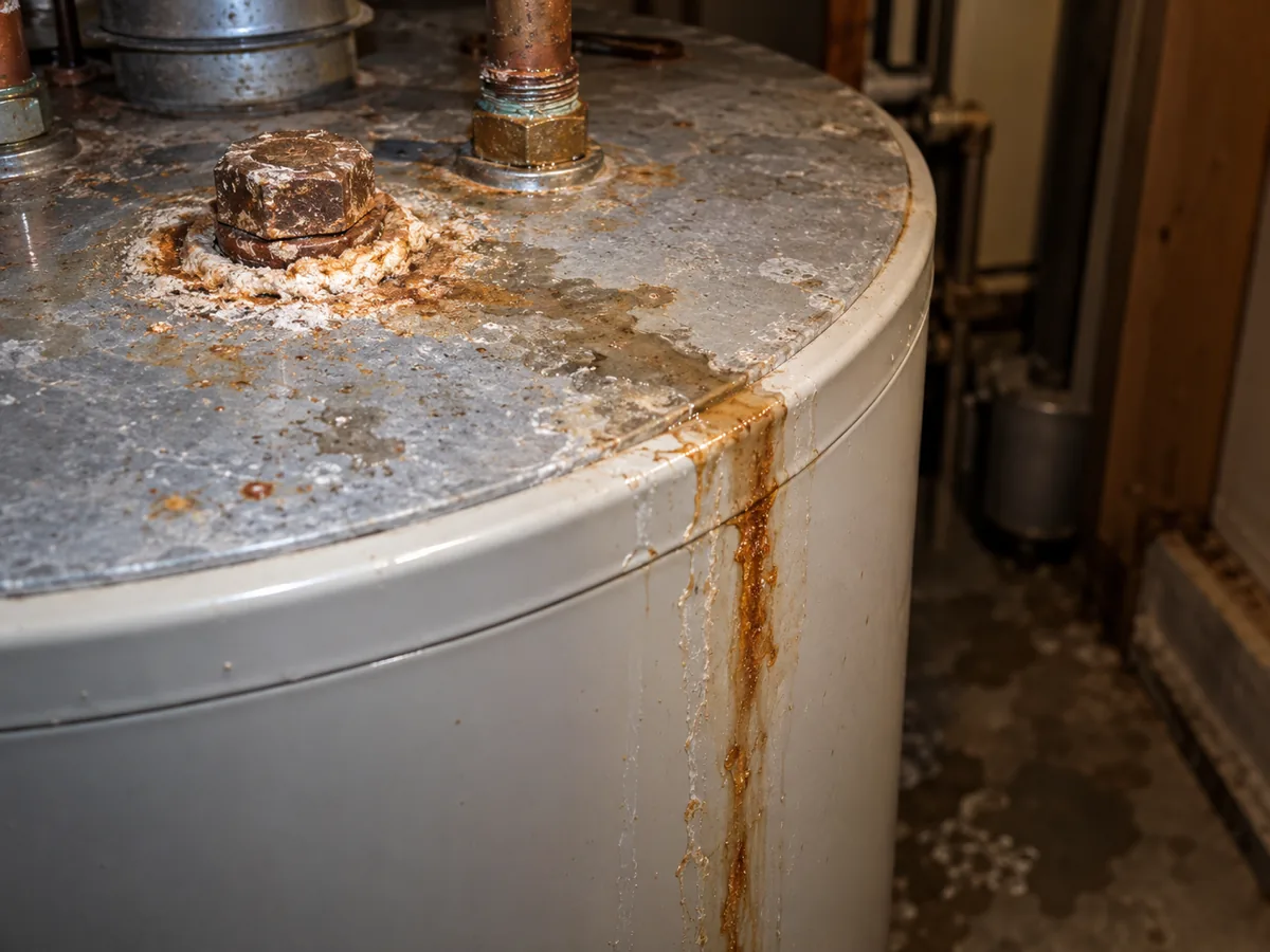 Crusted anode port and a water trail running down the jacket from the top of a water heater, Houston, TX
