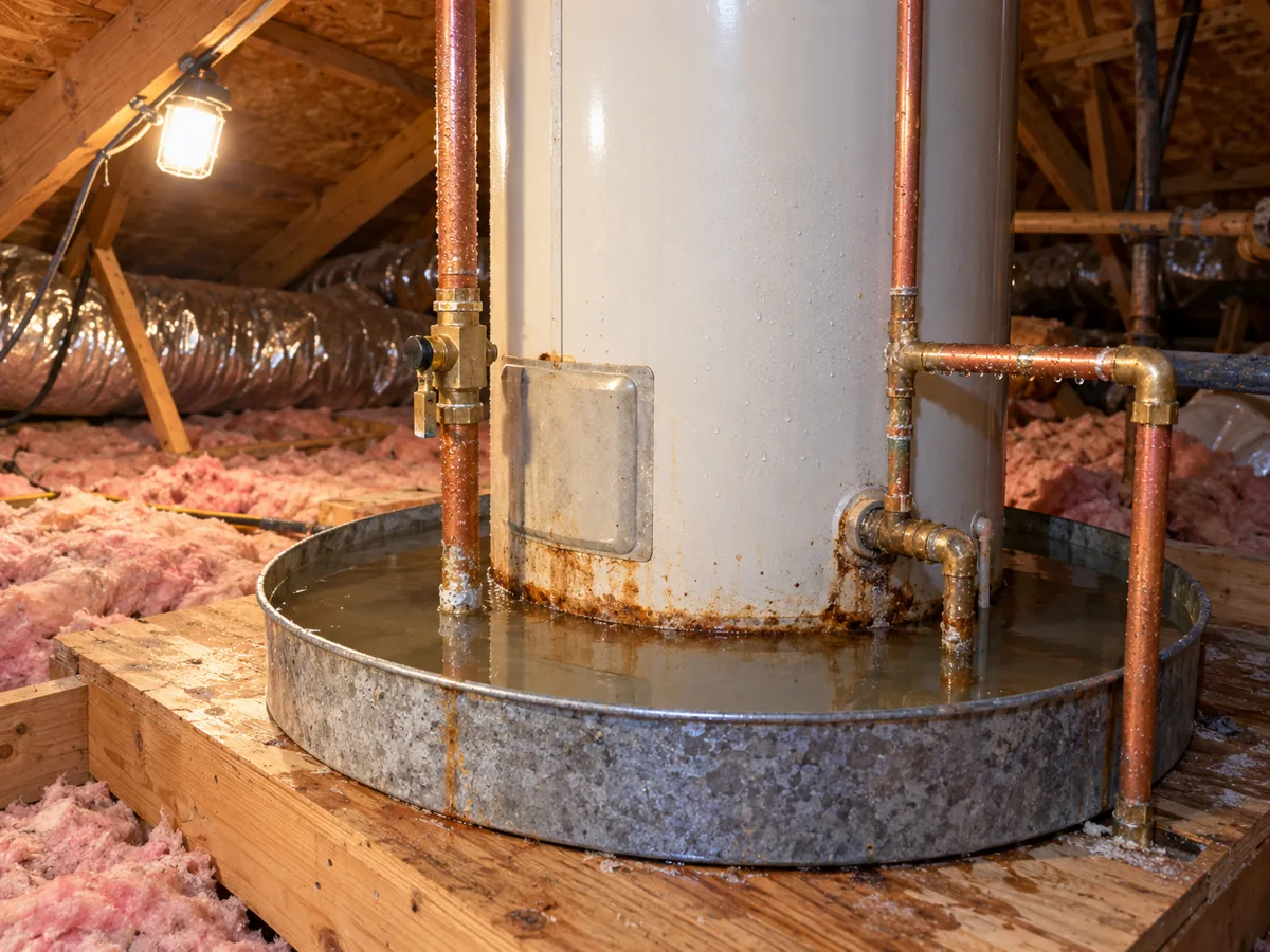 Attic water heater with a nearly full drain pan in a humid Houston, TX attic