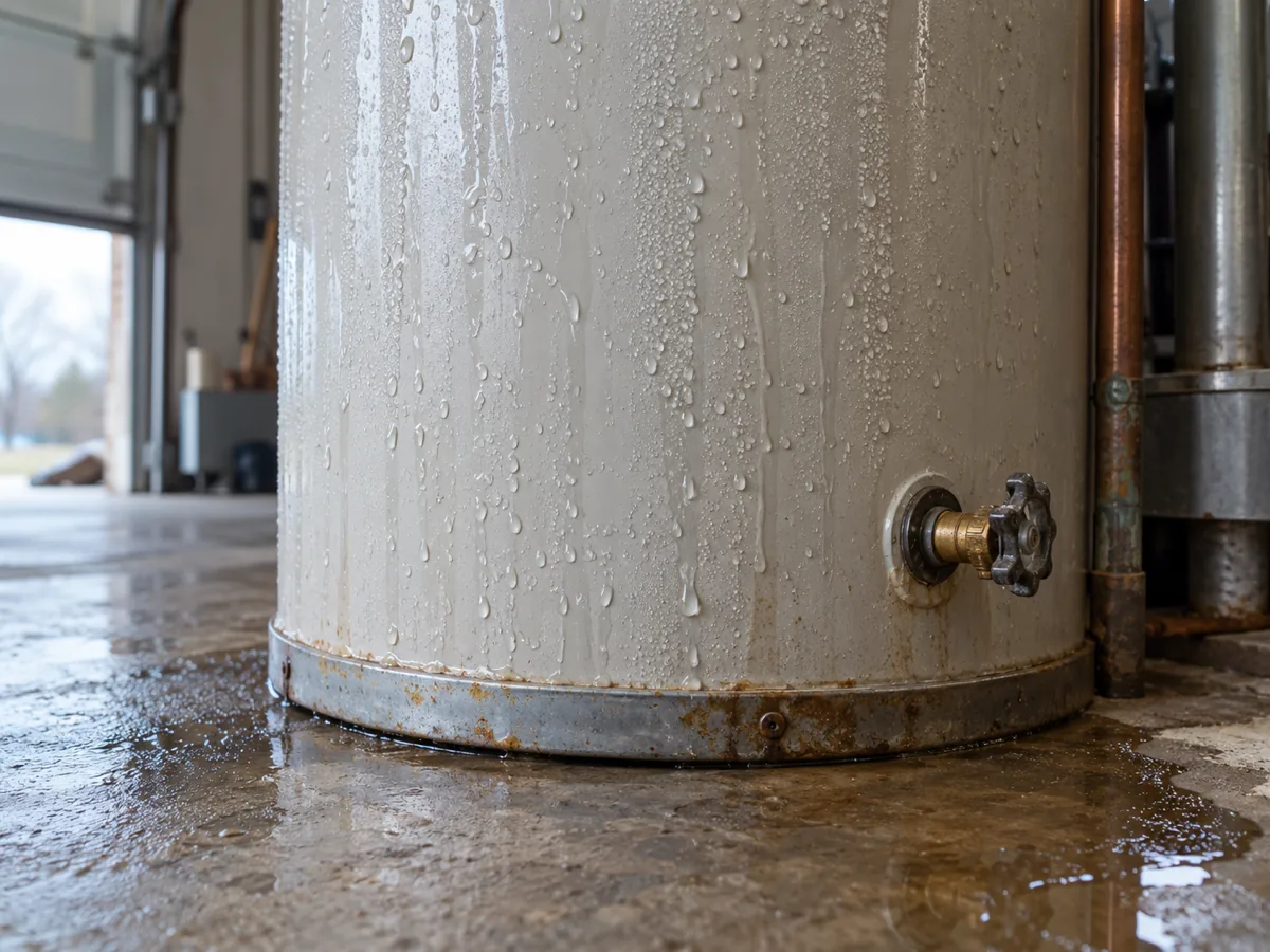 Condensation and a small puddle at the base of a gas water heater, one of three base leak sources, Houston, TX