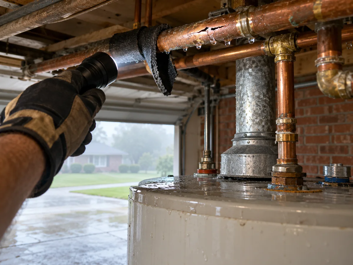 Plumber checking the pipes above the tank for a freeze split before blaming the tank, Houston, TX garage