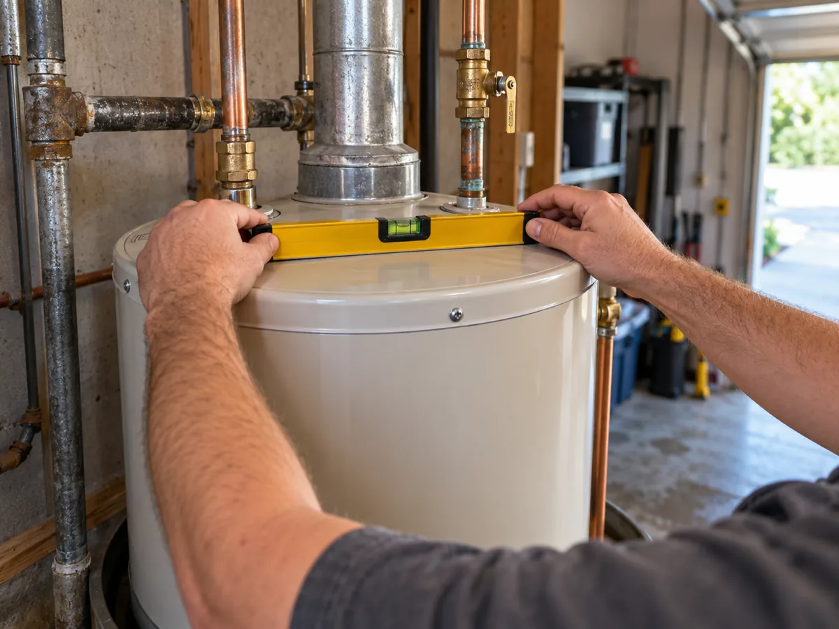 Homeowner levelling a new water heater they install in the homestead they live in, Houston, TX