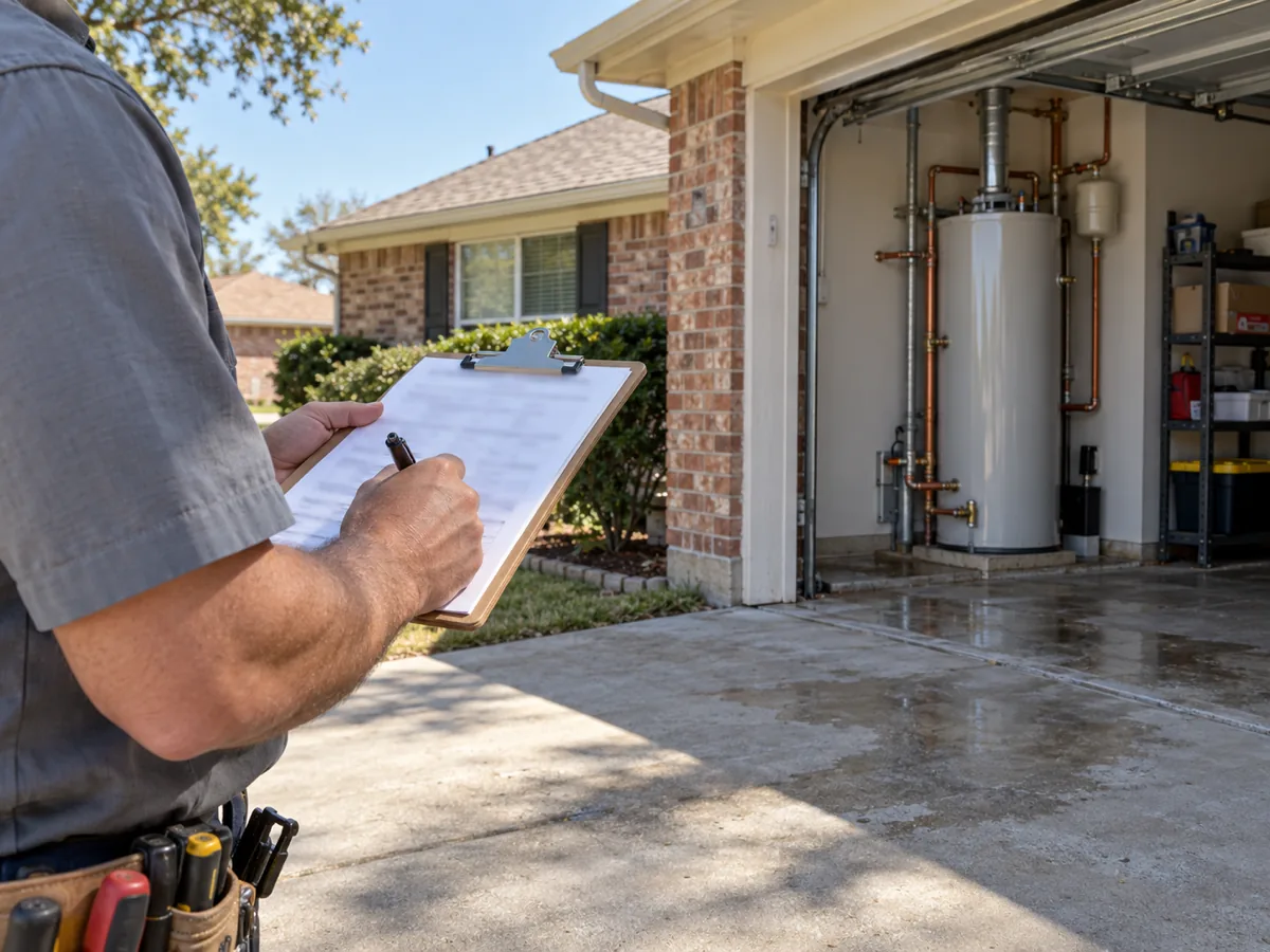 Master plumber holding the permit paperwork for a water heater replacement outside a Houston, TX home