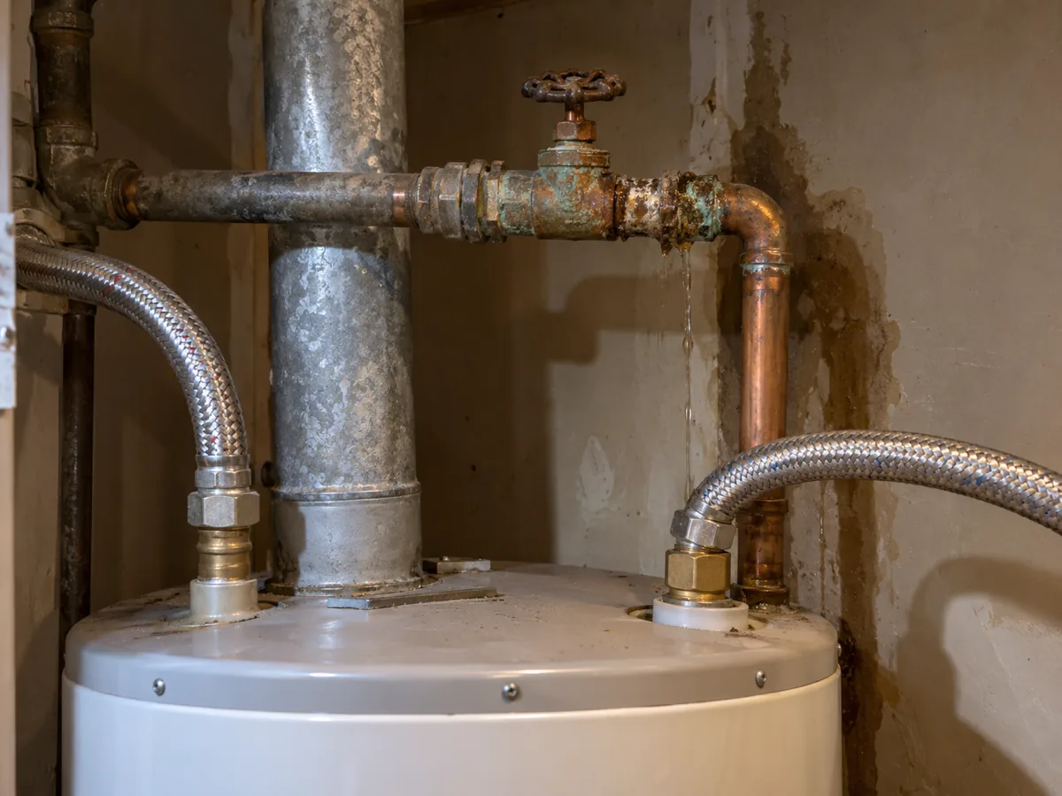 Original shut-off valve and older connectors weeping above a water heater in an early-1980s Houston, TX home