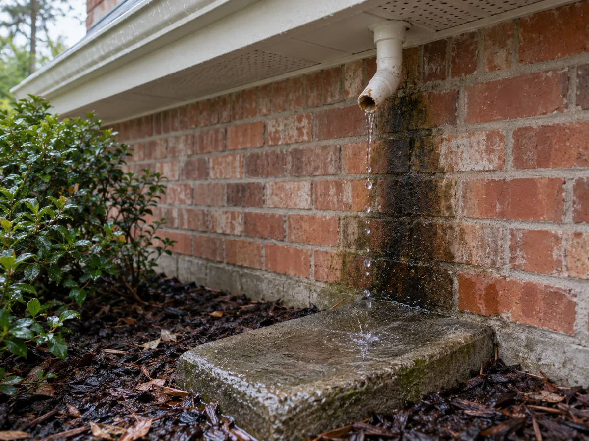 Water heater pan drain line dripping from under the eave of a brick house in Houston, TX