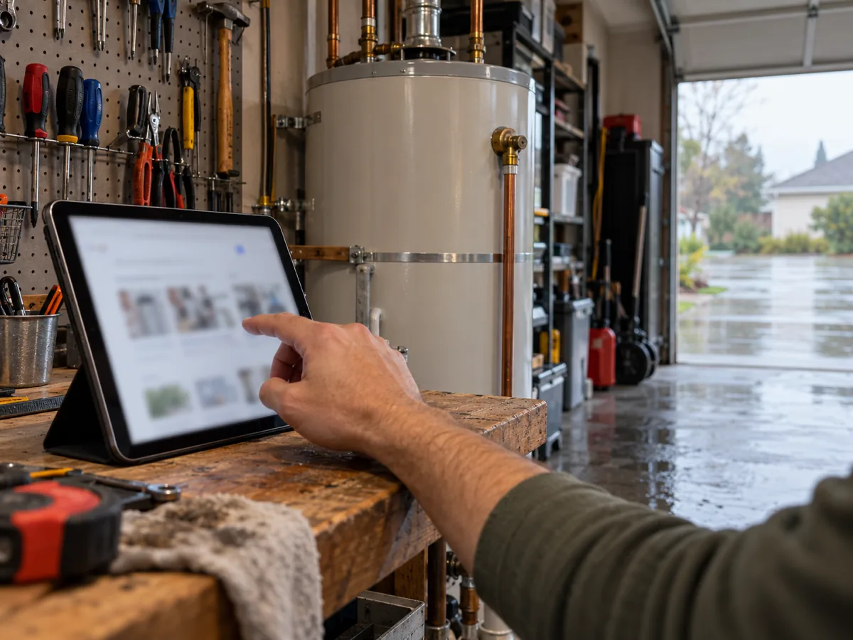 Homeowner checking a plumber's license number on a tablet before a Houston, TX water heater replacement