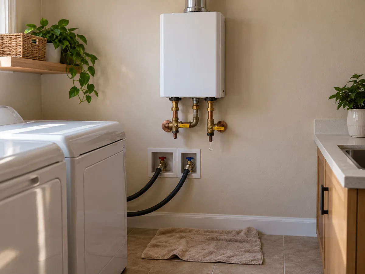 Wall-hung tankless unit leaking at its water connections in a Houston, TX laundry room