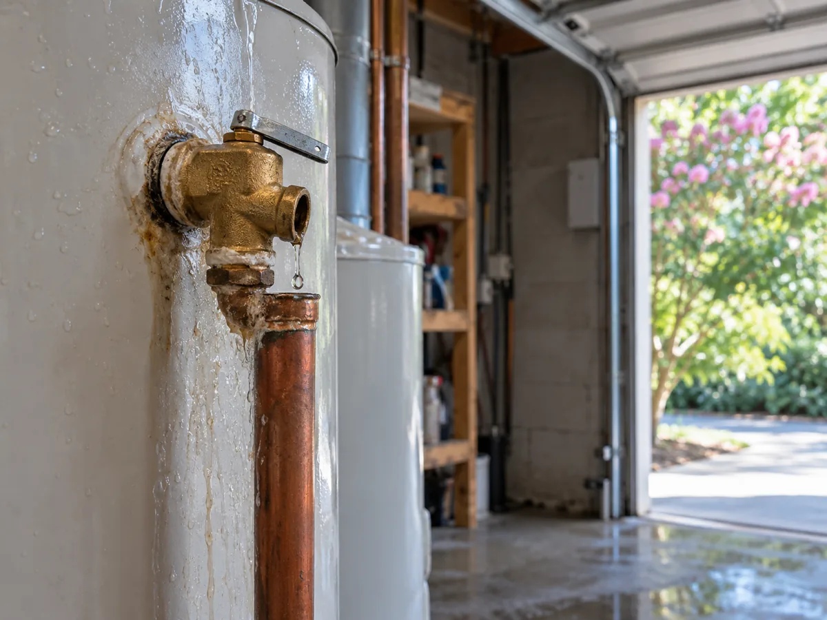 Heat-and-pressure safety valve high on a water heater tank dripping at its outlet, Houston, TX