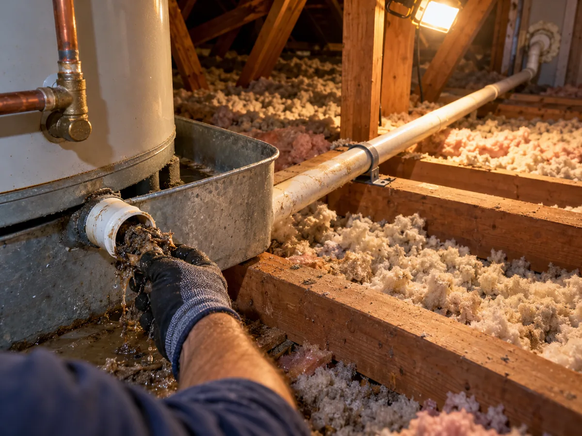Gloved hand clearing a blocked pan drain line under an attic water heater, McKinney, TX