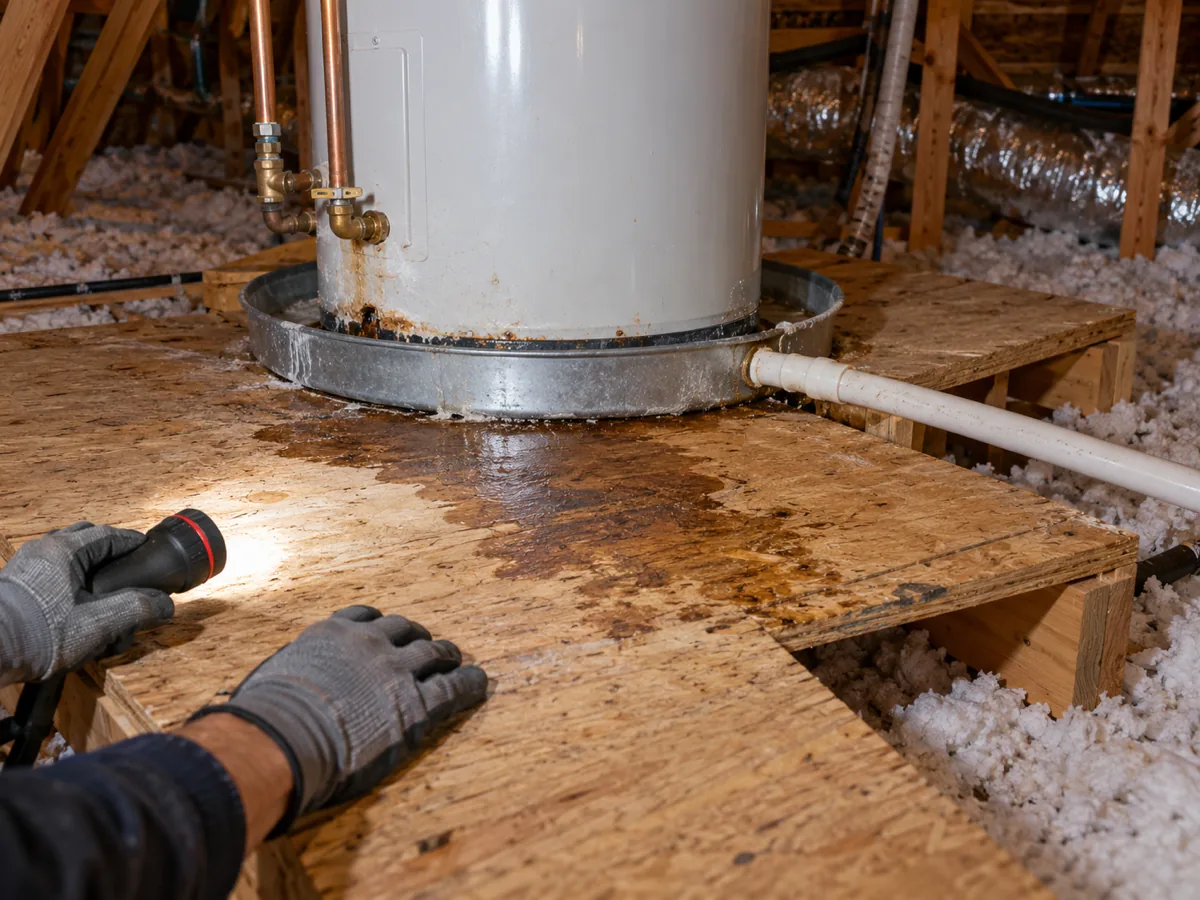 Attic water heater on a platform with a wet stain spreading in a newer McKinney, TX home