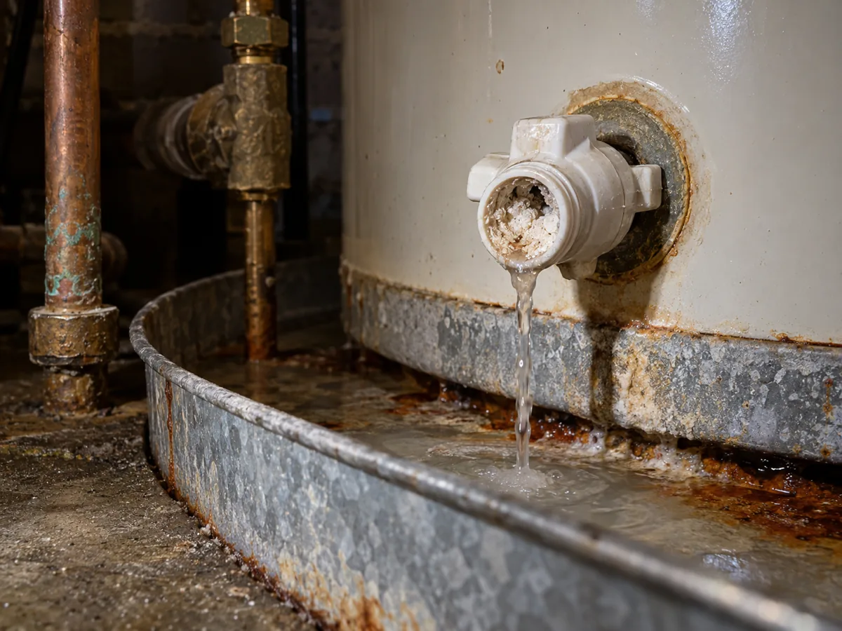 Drain spigot packed with sediment from moderately hard water, trickling after a flush, McKinney, TX water heater