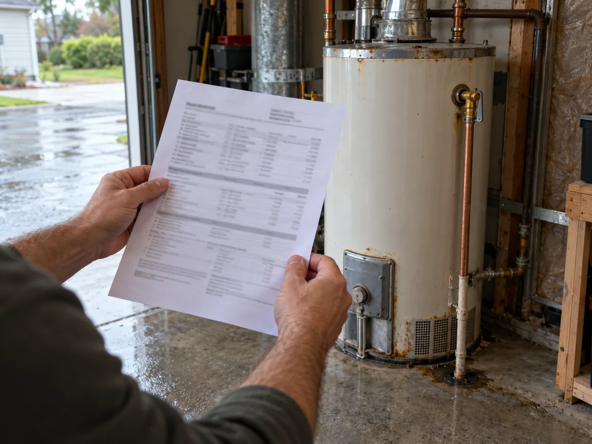 Homeowner holding the city fee schedule for a residential water heater permit, McKinney, TX