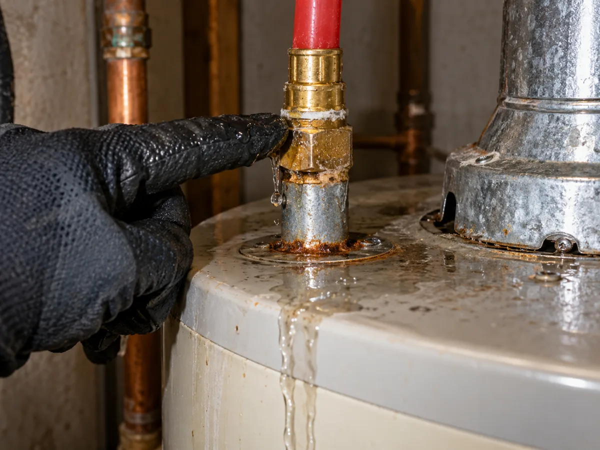 Drip at a pipe joint adapter on the hot outlet of a water heater running down the jacket, McKinney, TX