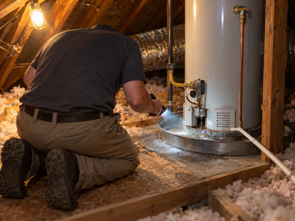 Plumbing inspector checking a new attic water heater installation under the adopted code, McKinney, TX