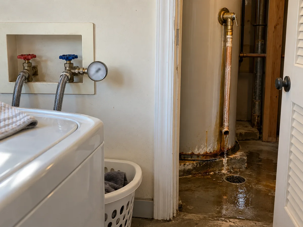 Pressure gauge on a laundry faucet to read house pressure before swapping a dripping relief valve, McKinney, TX