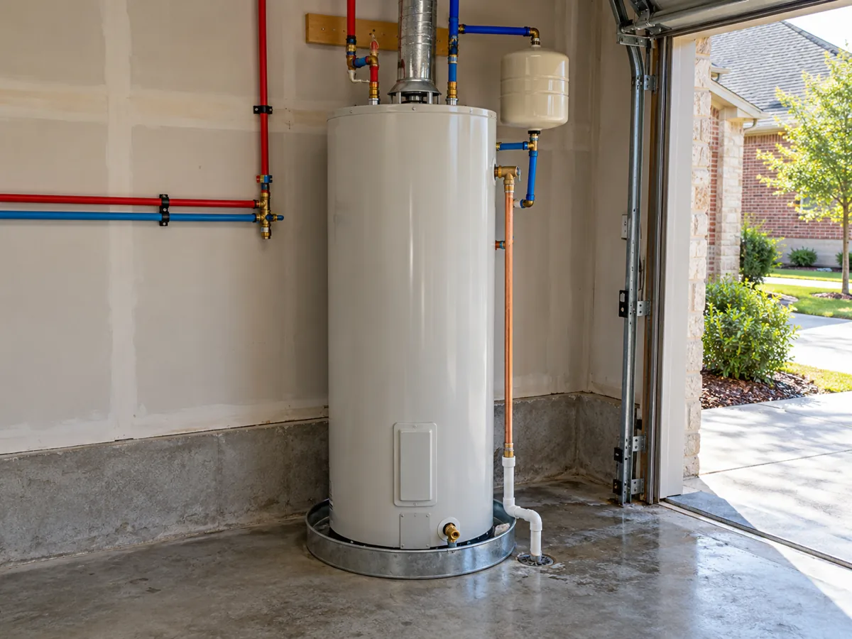 New water heater with PEX connections replacing a failed tank in a McKinney, TX garage