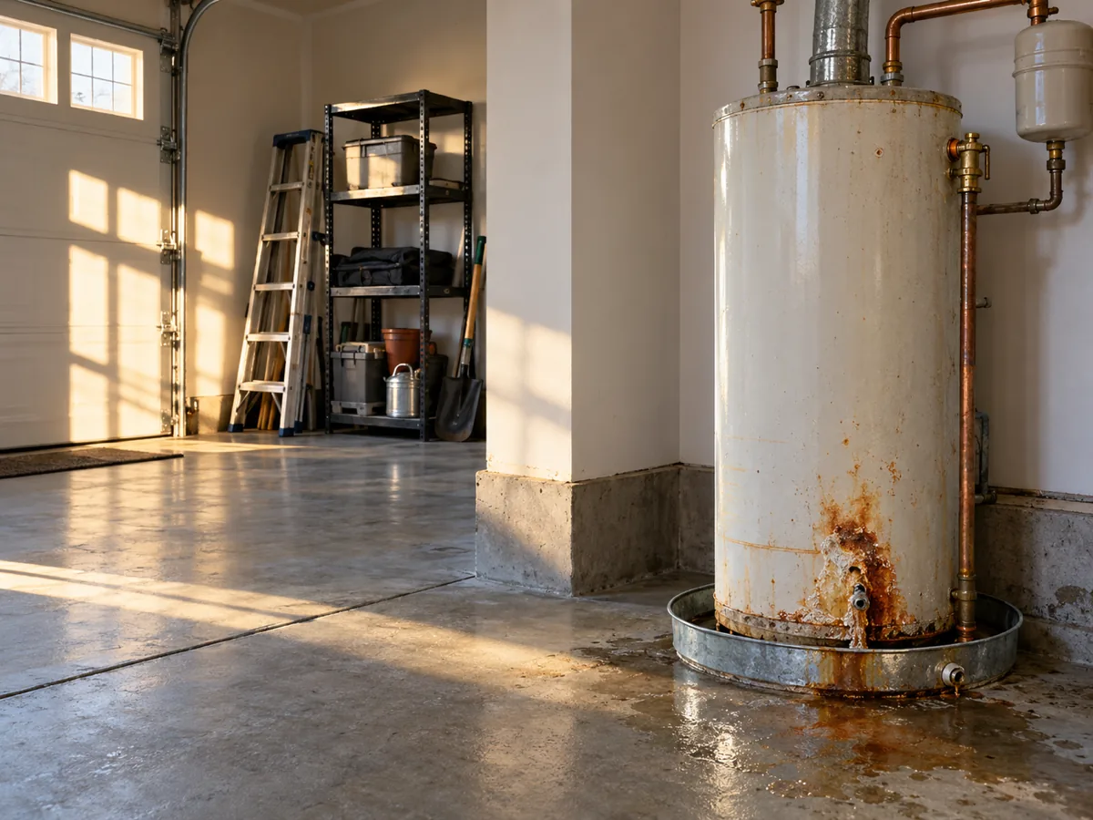 Original builder water heater tank weeping rust low on the jacket in a newer McKinney, TX home