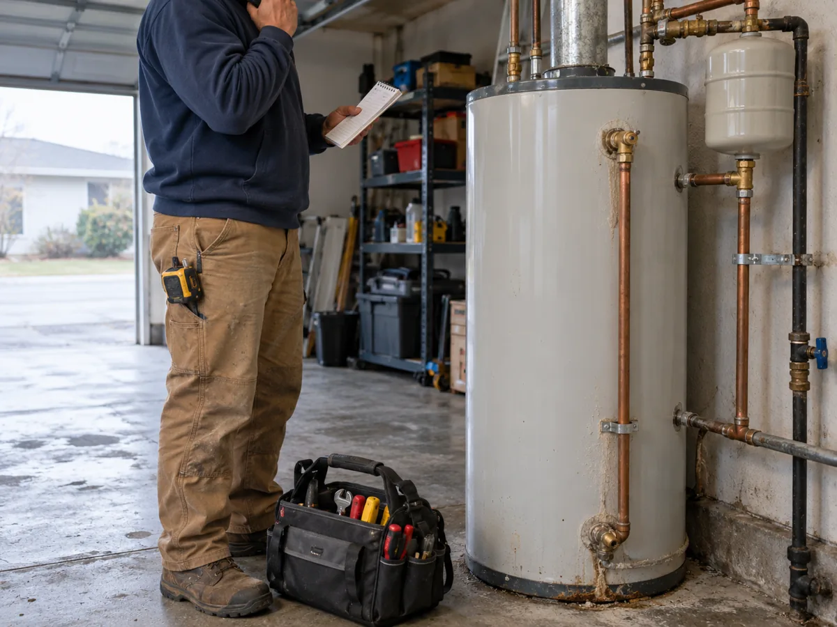 Plumber on a call to the city inspection office to confirm permits before work starts on a McKinney, TX heater