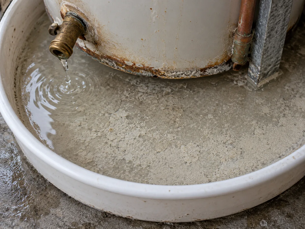 Clogged drain spigot dripping into the pan under a water heater, McKinney, TX garage