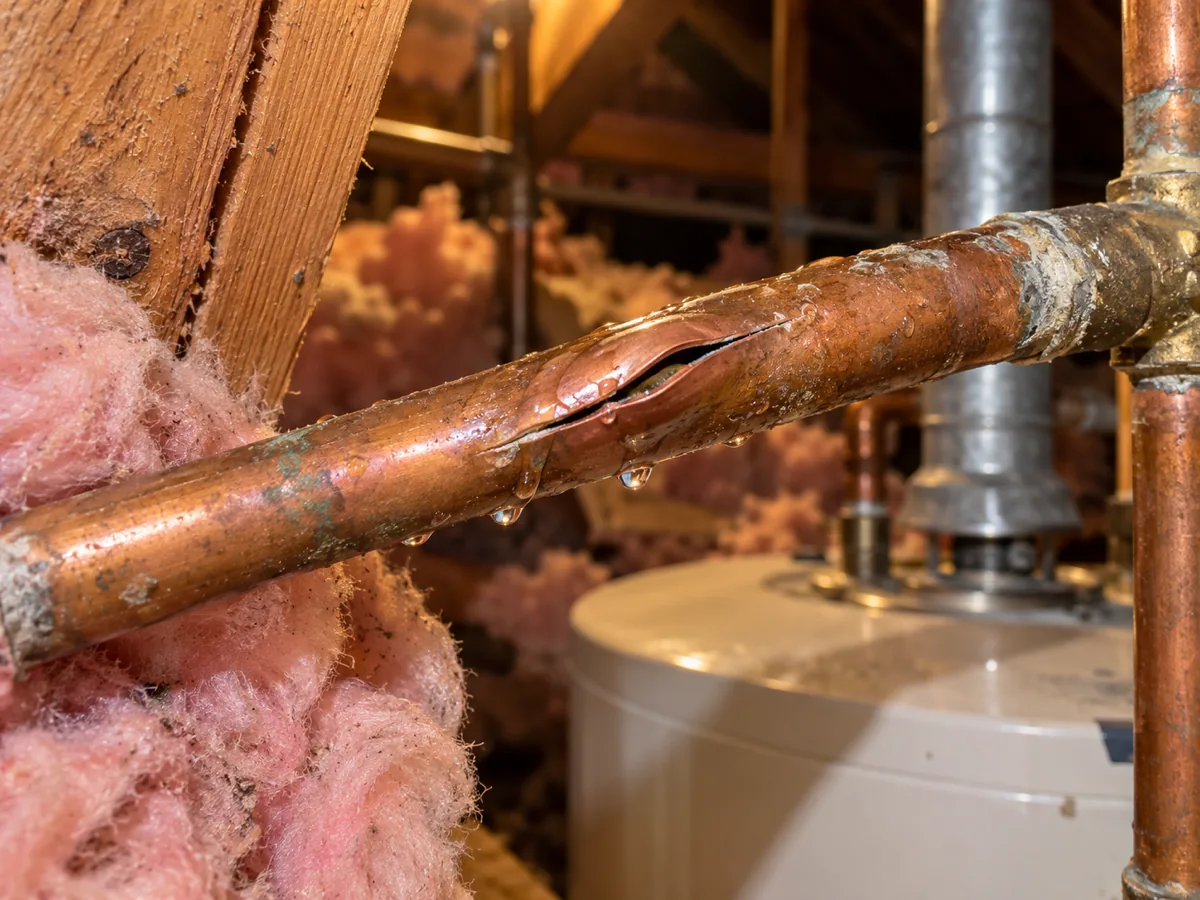 Uninsulated attic supply line split by a hard freeze, bulged copper above a water heater, Plano, TX