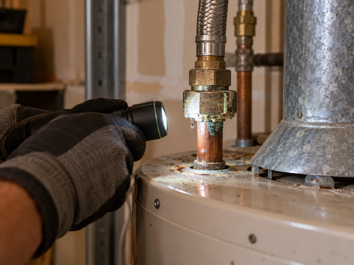 Flashlight on a leaking dielectric union at a water heater hot outlet in Plano, TX