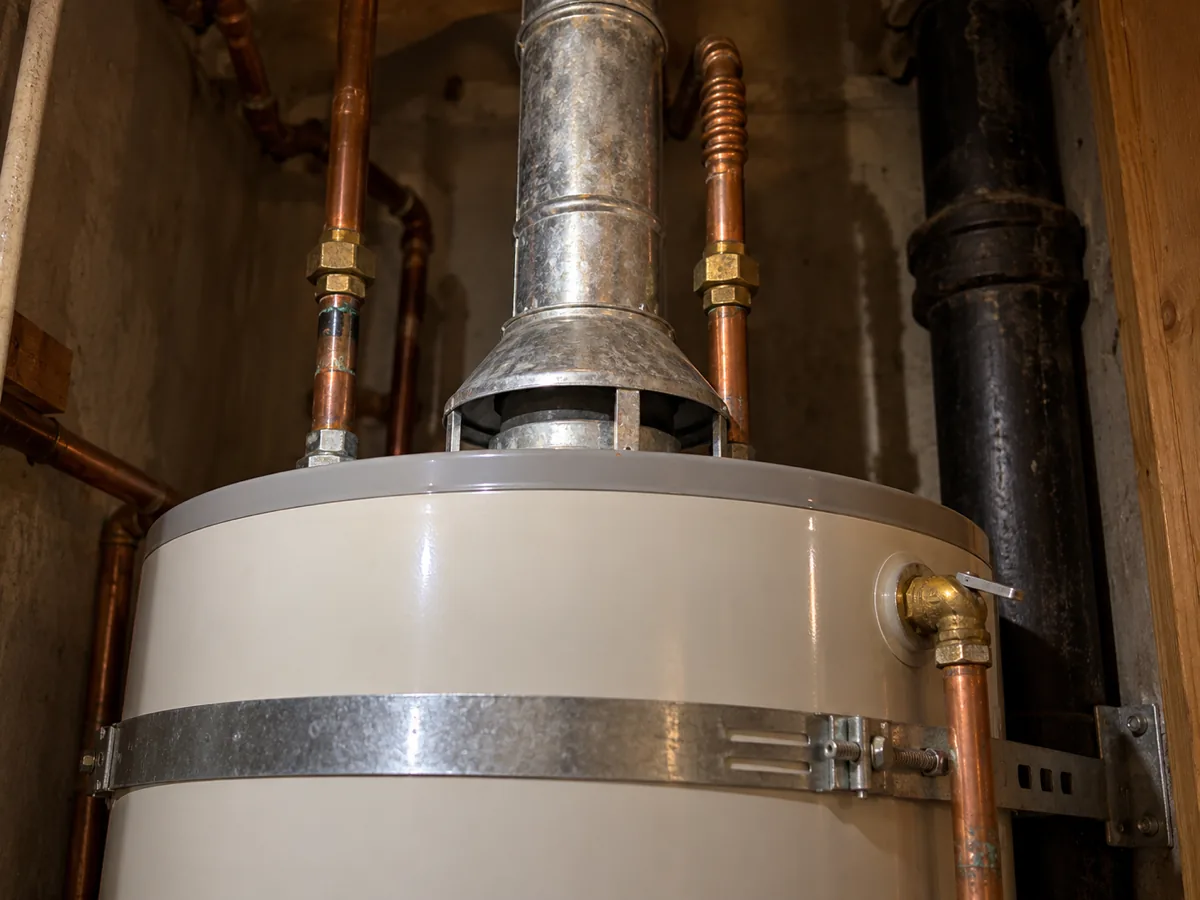 Inspector's flashlight on the venting and relief line of a replaced water heater in Plano, TX