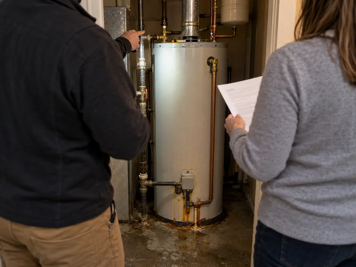 Landlord and tenant reviewing the report on a failed heater in a Plano, TX rental's hot water closet