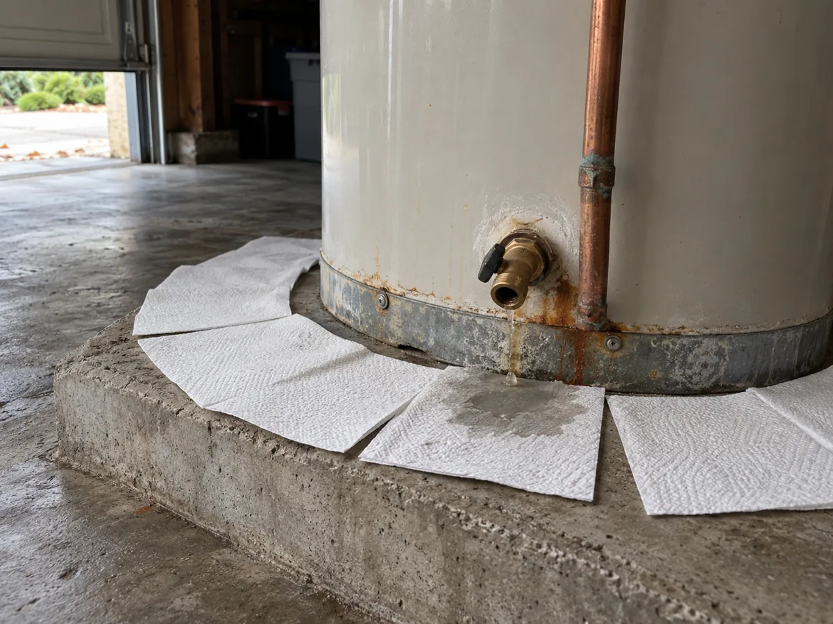 Paper towels around the bottom of a water heater showing where the water comes back at the drain valve, Plano, TX
