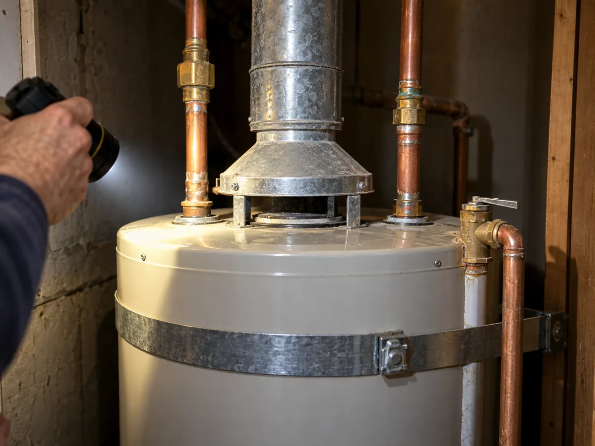 Plumbing permit in a sleeve beside a new water heater on a raised garage platform, Plano, TX