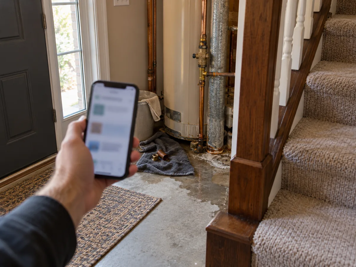 Homeowner checking a plumber's license on the state board search on a phone in a Plano, TX home
