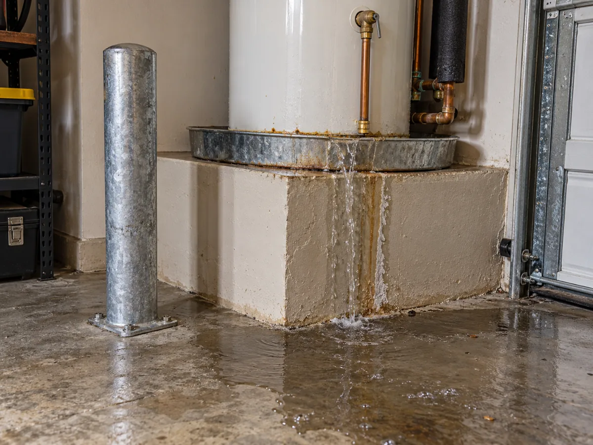 Water heater drain pan overflowing off a raised garage platform in Plano, TX