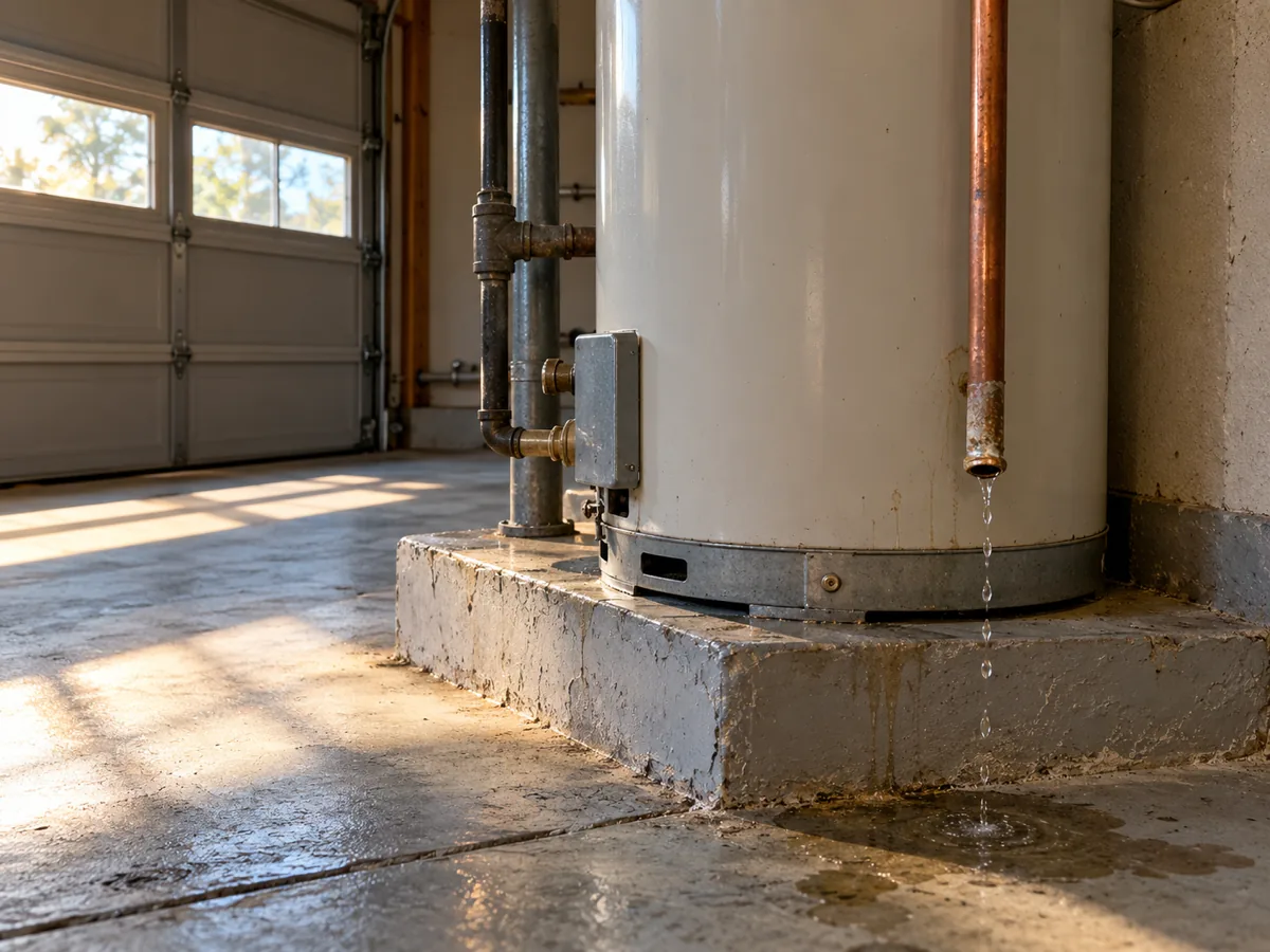 T&P relief valve pipe dripping beside a water heater on a raised garage platform, Plano, TX