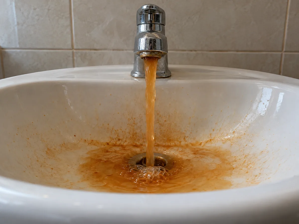 Rusty hot water filling a bathroom sink, a sign the water heater tank has failed, Plano, TX home