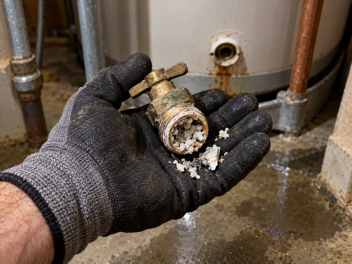 Scale grit caught in the seat of a drain valve removed from the bottom of a Plano, TX water heater tank