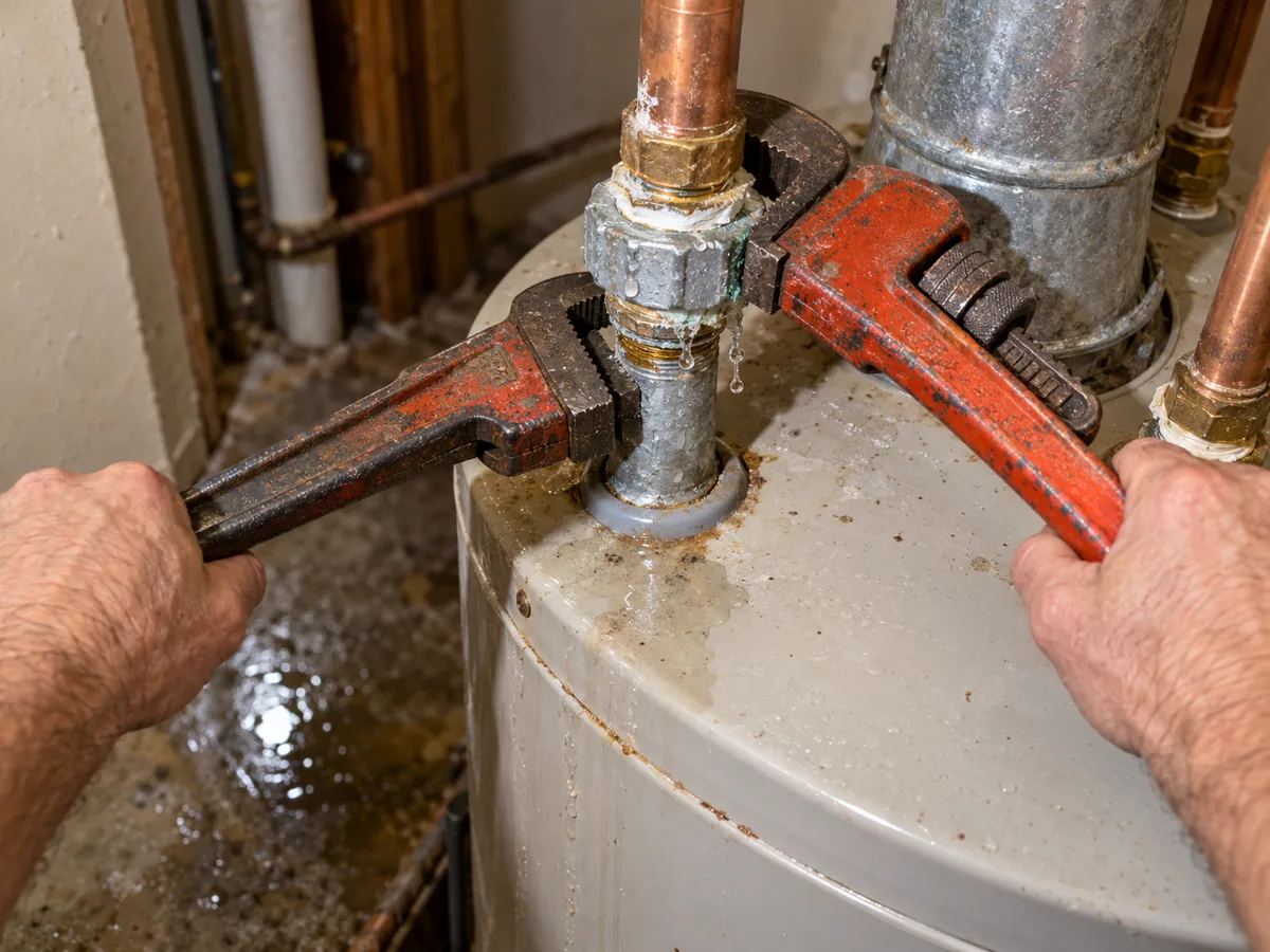 Pipe wrench remaking a weeping dielectric union at the cold inlet on top of a water heater, Plano, TX
