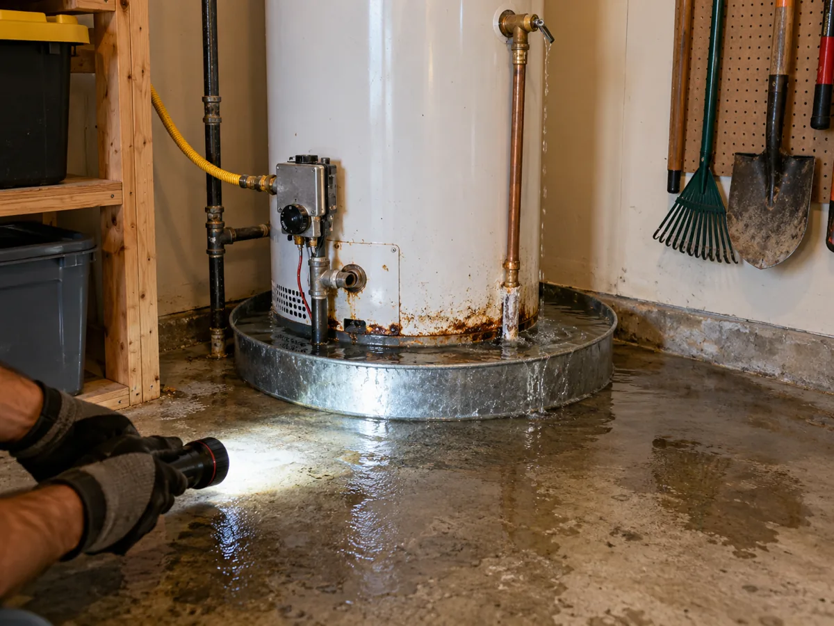Gas water heater with rust at the tank bottom and an overflowing drain pan in a San Antonio, TX garage
