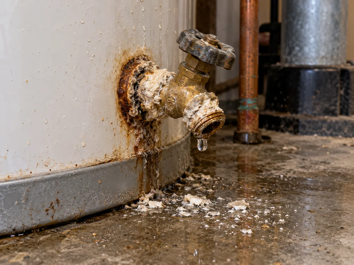Hard-water scale crusted on a water heater drain valve in San Antonio, TX, with a slow drip at the spout