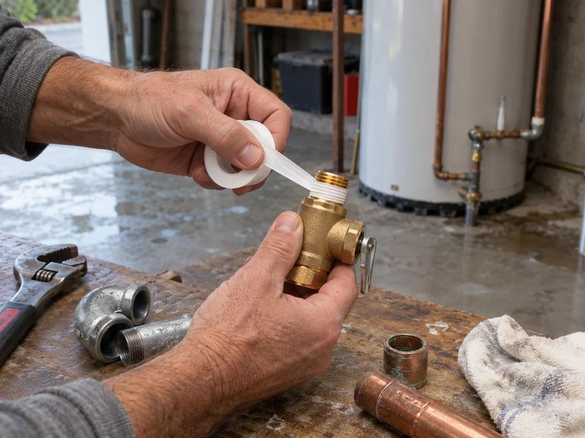 Homeowner wrapping thread tape on a relief valve to do it yourself in your own homestead, San Antonio, TX