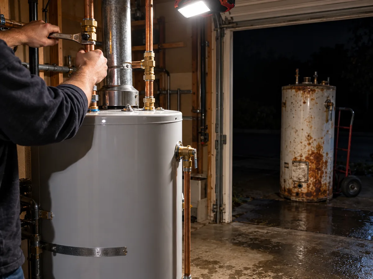 Licensed plumbing contractor finishing a water heater replacement before the permit is issued, San Antonio, TX
